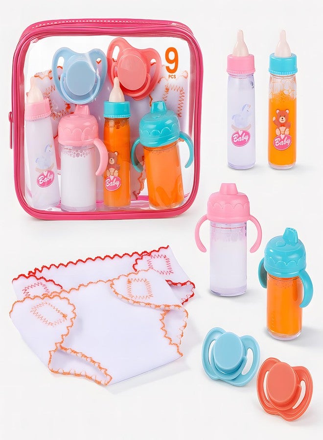 BABESIDE Baby Doll Accessories - 9 Pcs Feeding Set with Magic Bottles, Pacifiers, Bibs, Diapers & Carry Bag, Pretend Play Kit for 12-15 Inch Dolls - Image 1